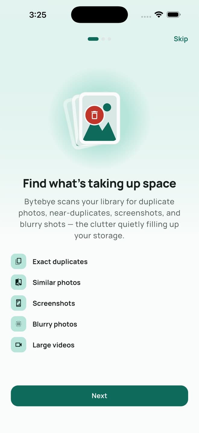 Bytebye welcome screen explaining the on-device scan