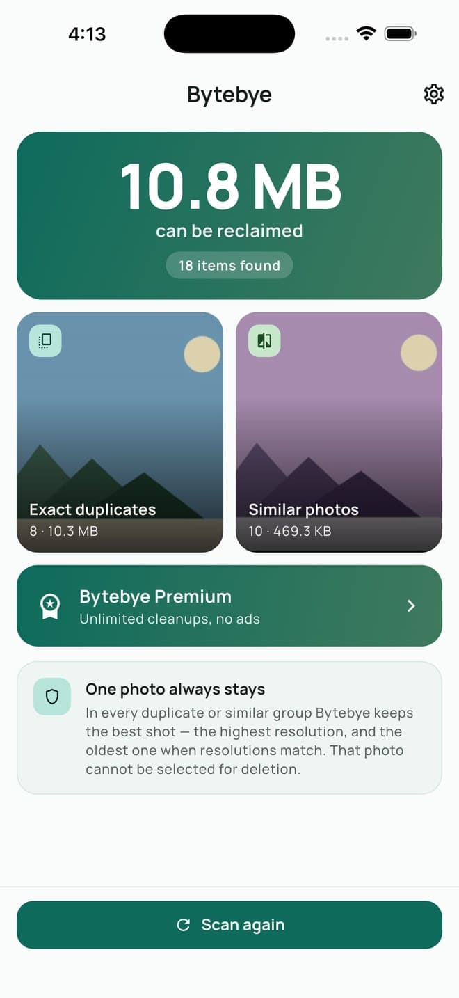 Bytebye scan result listing categories and reclaimable space